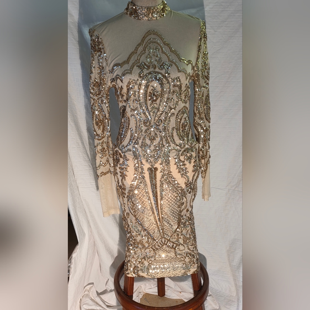 Fashion Nova High Neck Long Sleeve Gold Sequin Sparkle Mesh Midi Dress Size Lg